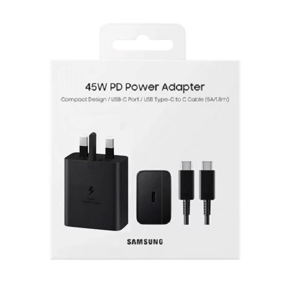 شارژر سریع ۴۵ وات سامسونگ اصل همراه با کابل USB-C به USB-C | سه‌پین UK - مدل Travel Adapter EP-TA845XBEGGB